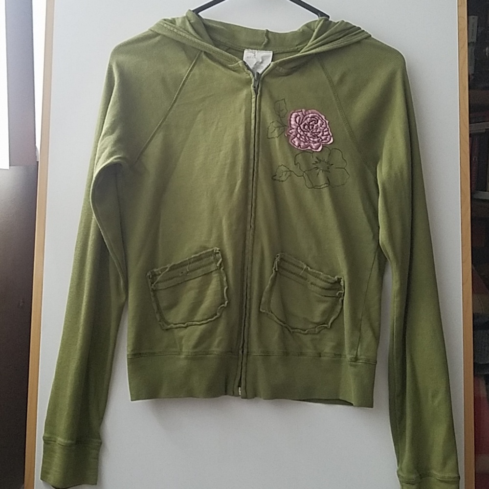 Olive green zip-up hoodie with rose appliques